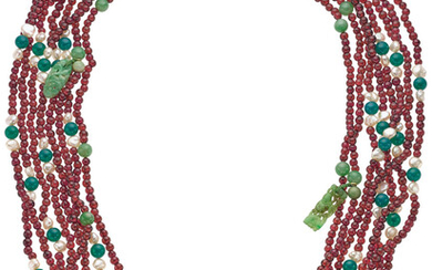 Jadeite Jade, Garnet, Chalcedony, Freshwater Cultured Pearl Necklaces Stones:...