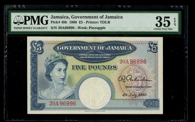 Jamaica, 5 pounds, 4th July 1960, serial number 20A96996, (Pick 48b)