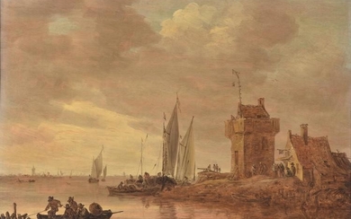 Jan Josefsz. van Goyen (Dutch 1596-1656), An estuary landscape on the Rhine with square tower and tall gallows signal