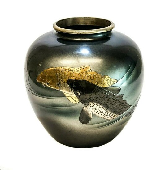 Japanese Silvered and Bronze Mixed Metal Vase, Koi Fish