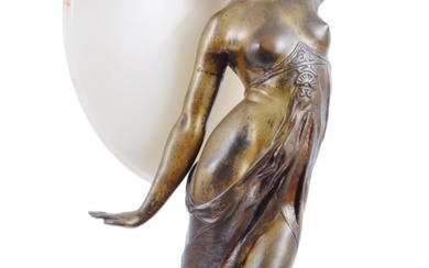 Jean Verschneider (1872-1943) - A figural bronze, alabaster and marble Art Nouveau table lamp light. Modelled as a young lady in draped cloth having an alabaster disc shade in the form of a halo. Raised on a green marble plinth base. Signed 'Jean...