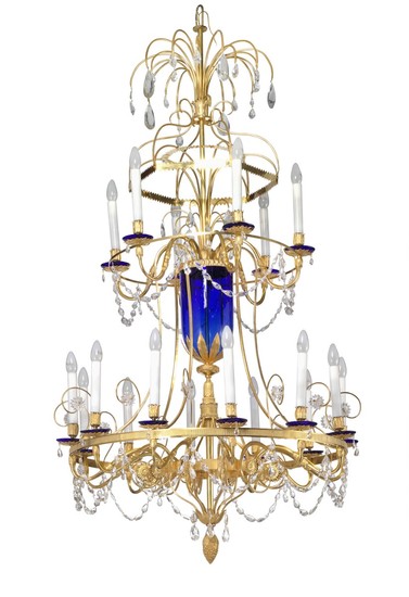 Johann Zech, copy after: Russian gilt bronze, crystal, cobalt glass eighteen-light chandelier after model by Johann Zech for the Pavlovsk Palace.