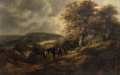 John Joseph Barker of Bath (British, 1824-1904) Landscape with huntsman, horse and dogs