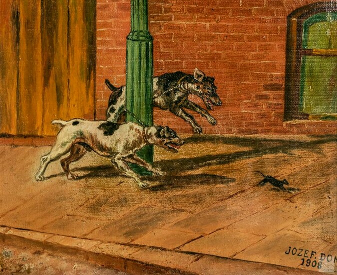 Jozef Dom Figural Dogs & Mouse Painting Dated 1908