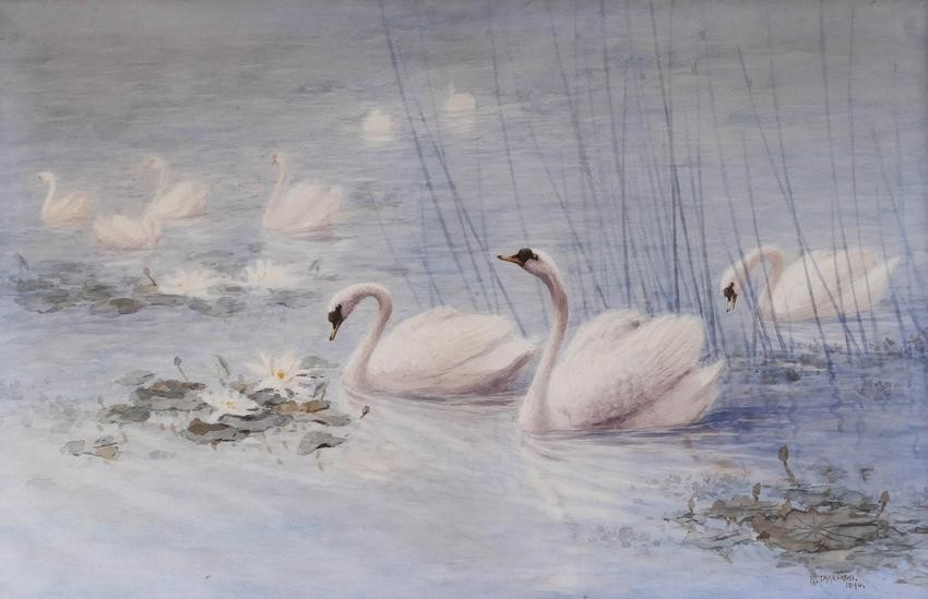 Katsuzo Takahashi (19th Cent. Japanese) Swans in Pond