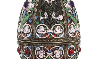 LARGE RUSSIAN SILVER ENAMEL EGG CASKET WITH STAND