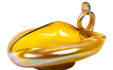 LCT Tiffany Gold Favrile Glass Handled Nappy Dish