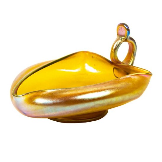 LCT Tiffany Gold Favrile Glass Handled Nappy Dish