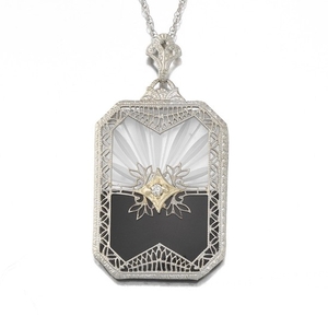 Ladies' Art Deco Gold, Black Onyx, Rock Crystal Quartz or Camphor Glass and Diamond Pendant on Chain