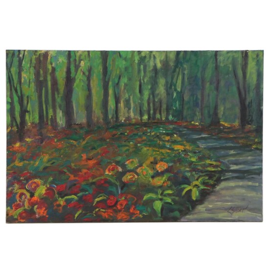 Landscape Oil Painting of Forest Path, Late 20th Century