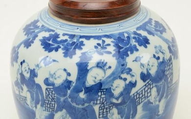 Large Blue & White Ovoid Covered Jar, China, Qing