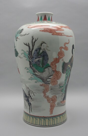 Large Chinese Famille Verte Meiping Vase with Decorations of Figures Deer and Crane A7WAC