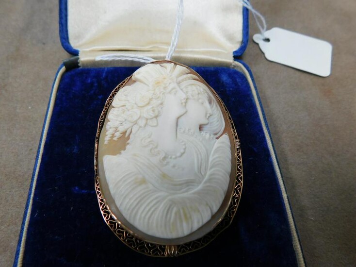 Large Gold Twin Portrait Cameo Pin Pendant