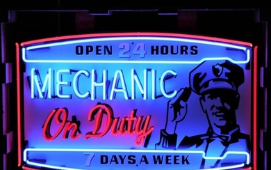 Large Mechanic On Duty Neon Sign with Backplate