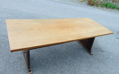 Large trestle table in oak top refinished, keyhole sides, table is 90" long, 35.5" wide, height is