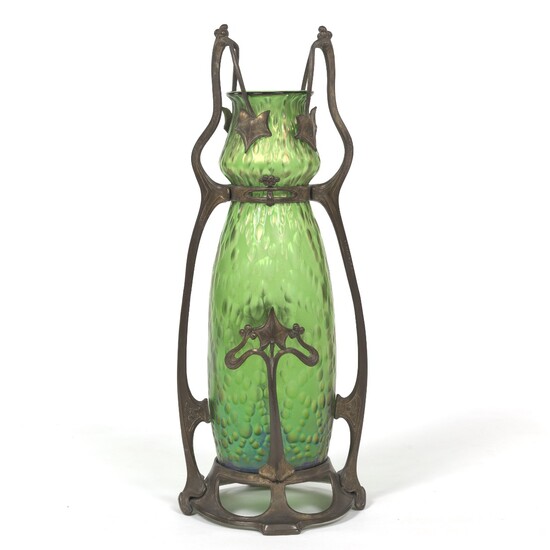 Loetz Glass Art Nouveau Large Metal Mounted Vase, ca. Late 19th-Early 20th Century