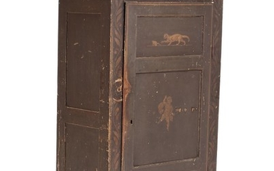 Lorenz Frølich: A 19th century brownpainted cupboard, front with door decorated with a cat, a frog, putto and foliage. H. 161. W. 82. D. 51 cm.