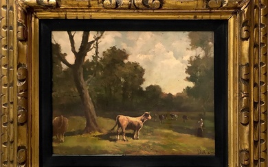 Lorenzo Delleani (Pollone, 1840 - Torino, 1908) Bucolic scene with cows on landscape, Early 20th century