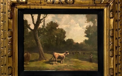 Lorenzo Delleani (Pollone 1840-Torino 1908) - Bucolic scene with cows on landscape, Early 20th