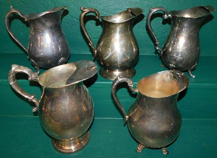 Lot 5 Silver Plate Ice Lip Water Pitchers