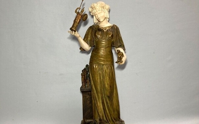Louis CHALON (1866-1940) La marchande de sculptures Chryséléphantine en bronze et ivoire sculpté, signé et...