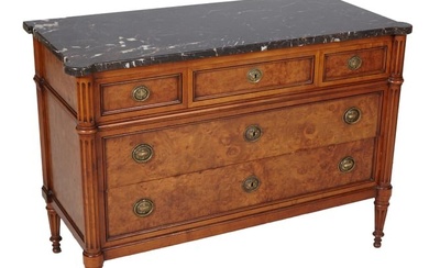 Louis XVI Style Marble Top Walnut Commode, 20th c., H.- 32 1/4 in., W.- 45 in., D.- 21 in.