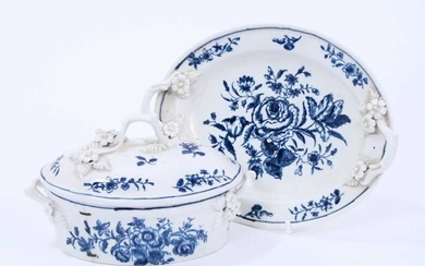 Lowestoft butter tub, cover and stand, of oval form with twig handles applied with flower and leaf terminals, printed in blue with scattered floral sprays and sprigs, stand 19.3cm wide