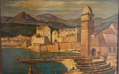 Lykourgos KOGEVINAS (1887-1940) Vue du port de Collioure Huile sur panneau isorel Signée en bas...