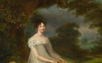 MARIA SPILSBURY | PORTRAIT OF A LADY IN A WHITE DRESS, FULL-LENGTH, READING IN A LANDSCAPE