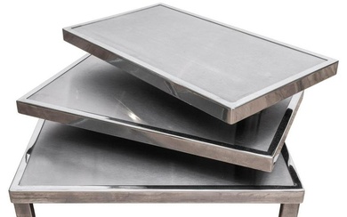 Maison Mercier French modern chromed metal and laminate rectangular three-tier occasional table or