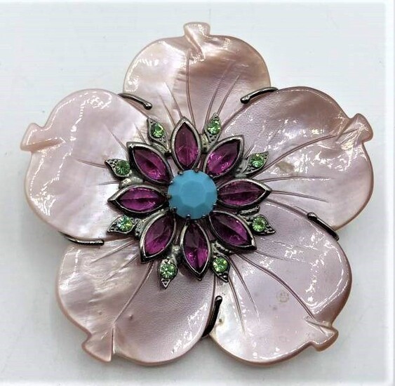 Mariangela Signed Flower Brooch With Colored Stones