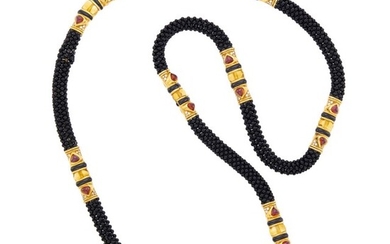 Marina B Long Gold, Cabochon Citrine, Diamond, Citrine and Black Onyx Bead Mesh Necklace