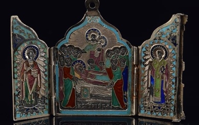 Miniature Russian enameled silver triptych icon. Small hinged 3-part icon. Marked 84 on front side