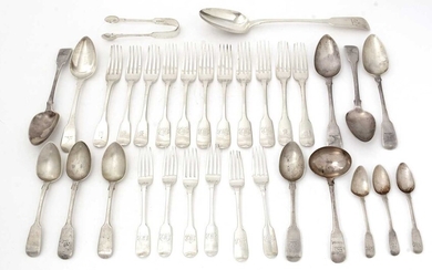 Mixed antique silver fiddle pattern flatware.