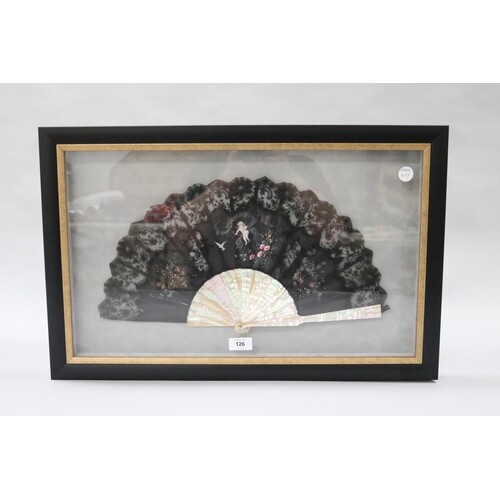 Mother of pearl fan frame with hand painted black lace,(purc...