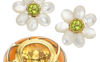 Multi-Stone, Mother-of-Pearl, Resin, Gold Jewelry Stones: Round-cut peridot; carved...