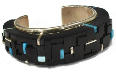 NATIVE AMERICAN K.Y. STERLING COBBLE INLAY CUFF