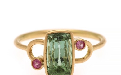Natascha Trolle: A tourmaline and spinel ring set with a green tourmaline flanked by two pink spinels, mounted in 18k gold. Size 54.