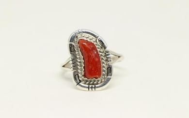 Native American Navajo Sterling Real Red Coral Ring By