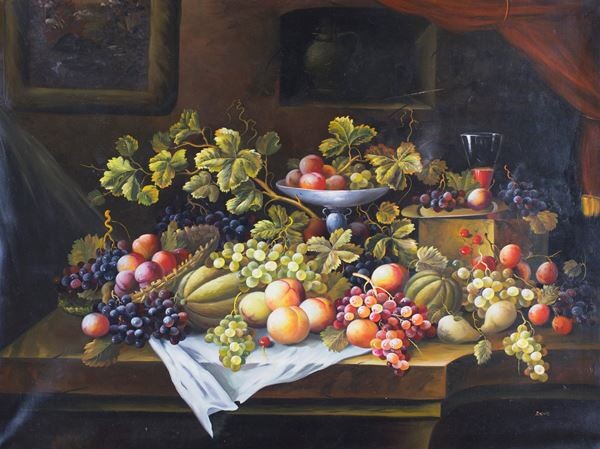 Natura morta di uva, pesche e meloni, Pittore del XX secolo