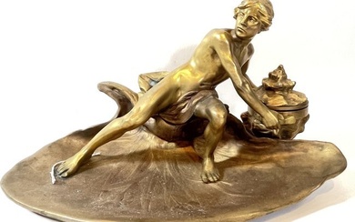 Neoclassical Gilt Bronze Inkwell of a Young Neptune Holding a Seashell