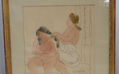Nudes Doing Hair, Ink and W/C on Paper