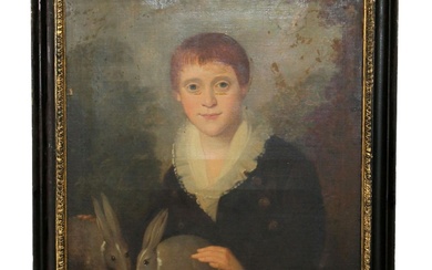 Oil on canvas painting portrait of young boy with rabbits