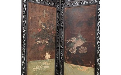Old Chinese Carved Screen With Scroll Paintings Signed