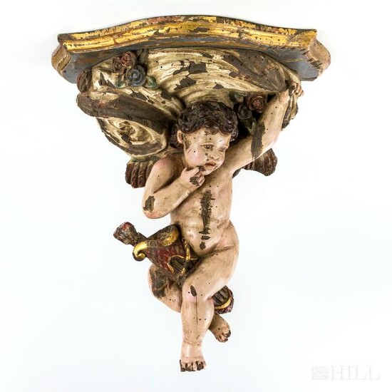 Old Continental Carved Wood Putti Corbel Sconce
