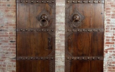 PAIR HARDWOOD DOORS WITH ELABORATE IRON HARDWARE