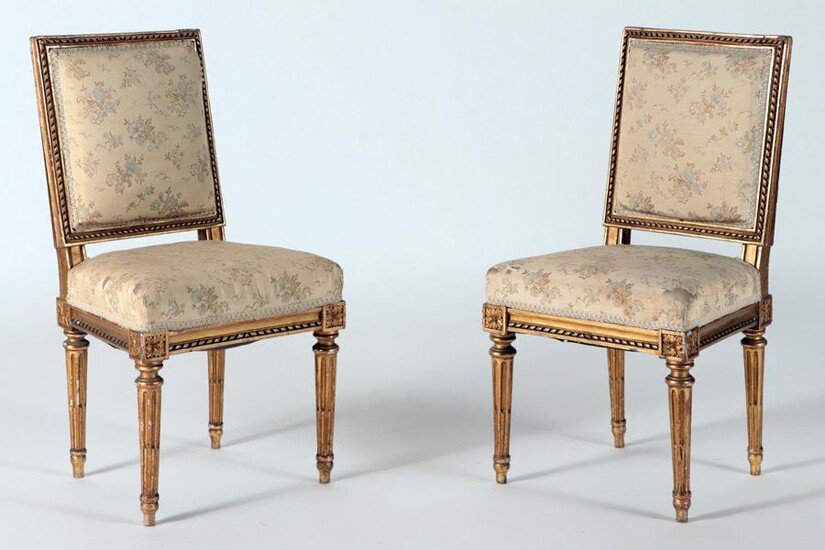 PAIR LOUIS XVI STYLE CARVED GILT WOOD SIDE CHAIRS