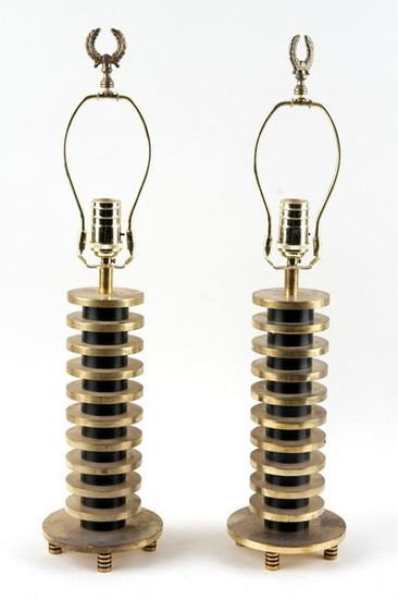 PAIR MODERNIST BRASS TABLE LAMPS STACKED DISK