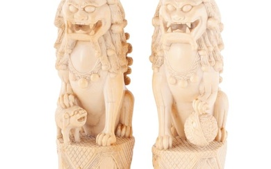 PAIR OF ANTIQUE CARVED FOO DOG FIGURES