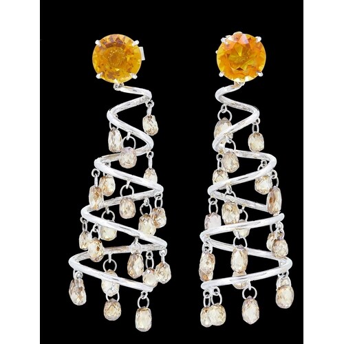 PAIR OF CITRINE AND COLORED DIAMOND SPIRAL EARRINGS, set wit...
